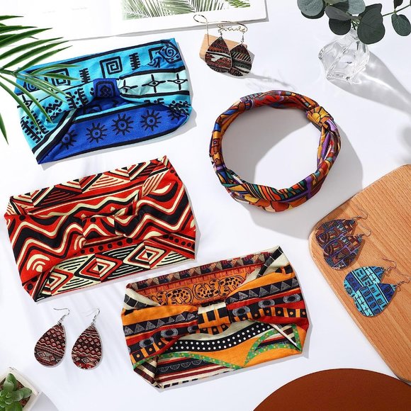 2 Pairs African Faux Leather Earrings and 2 Pcs African Headbands ( 4pcs Bundle) - Picture 6 of 7